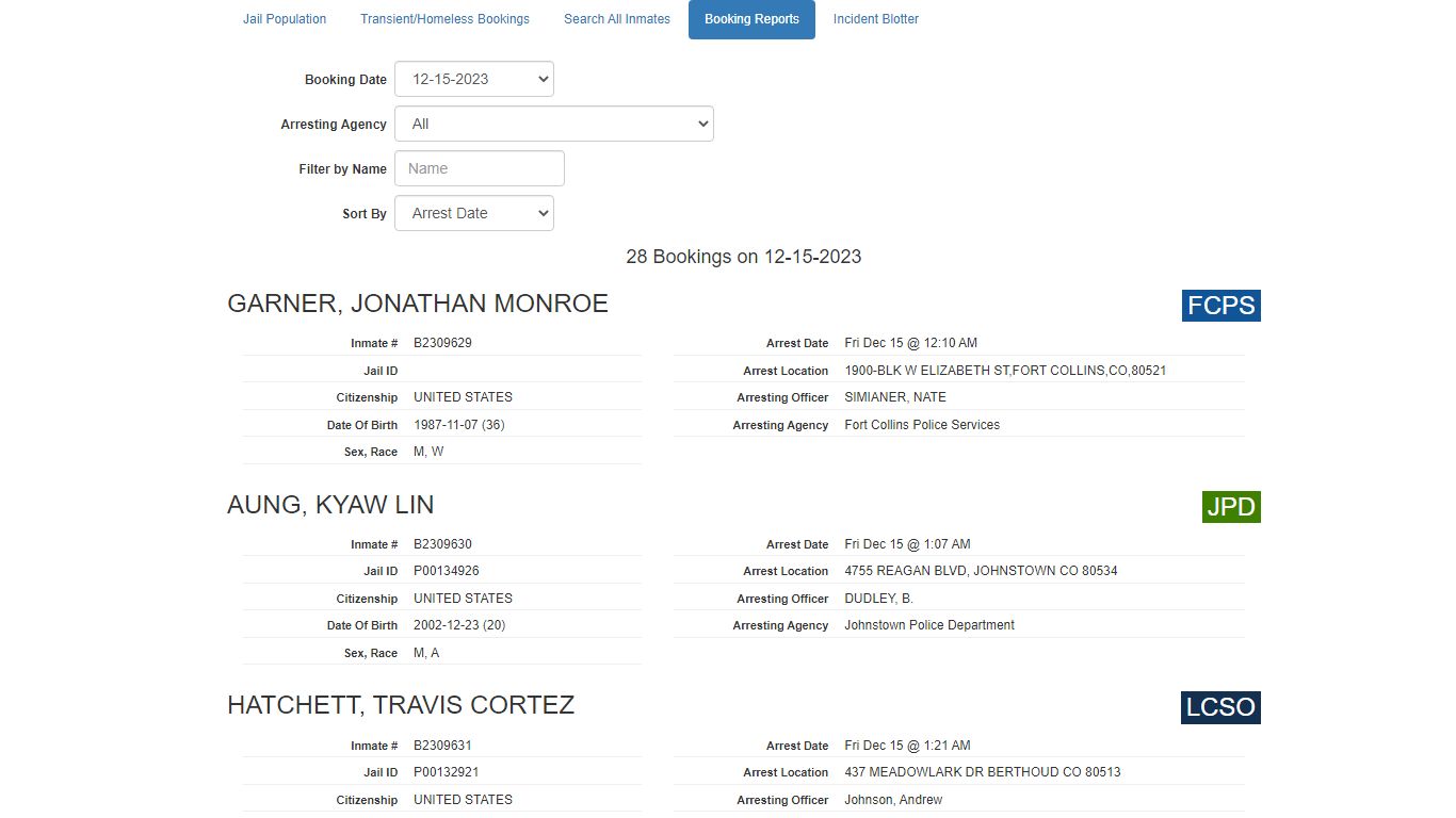 Booking Report - Larimer County Sheriff